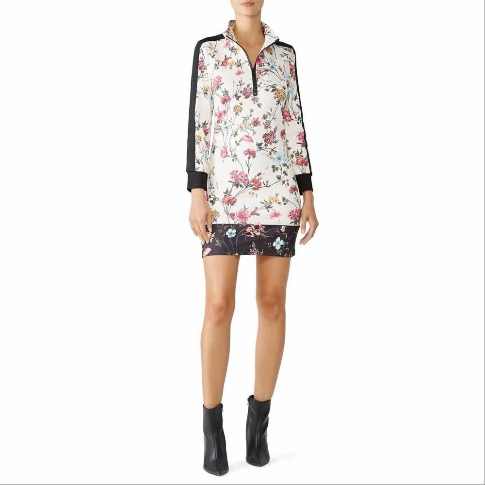 Pam & Gela Fineline Floral Track Sheath Shirt Dress Ivory Black Medium Mini